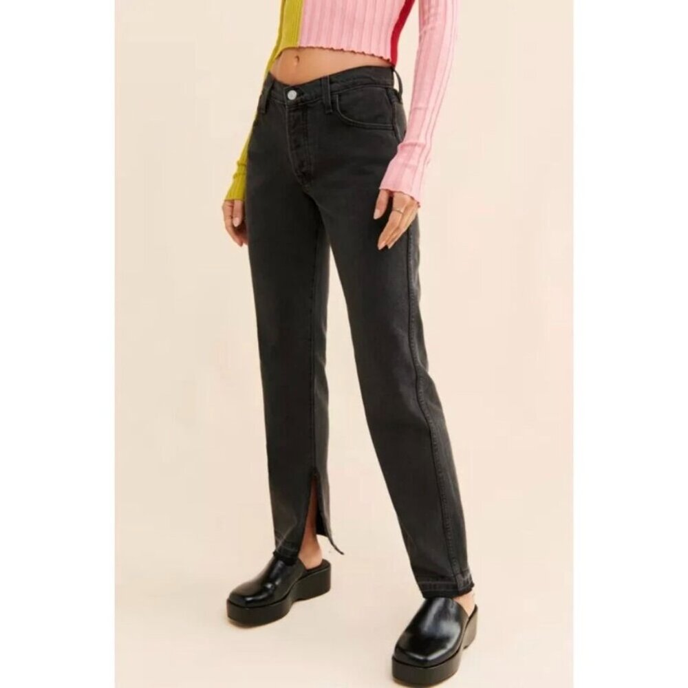 Lisa‎ Says Gah Ellis Split Hem Mid Rise Jeans Black Stonewash Altered Size 6